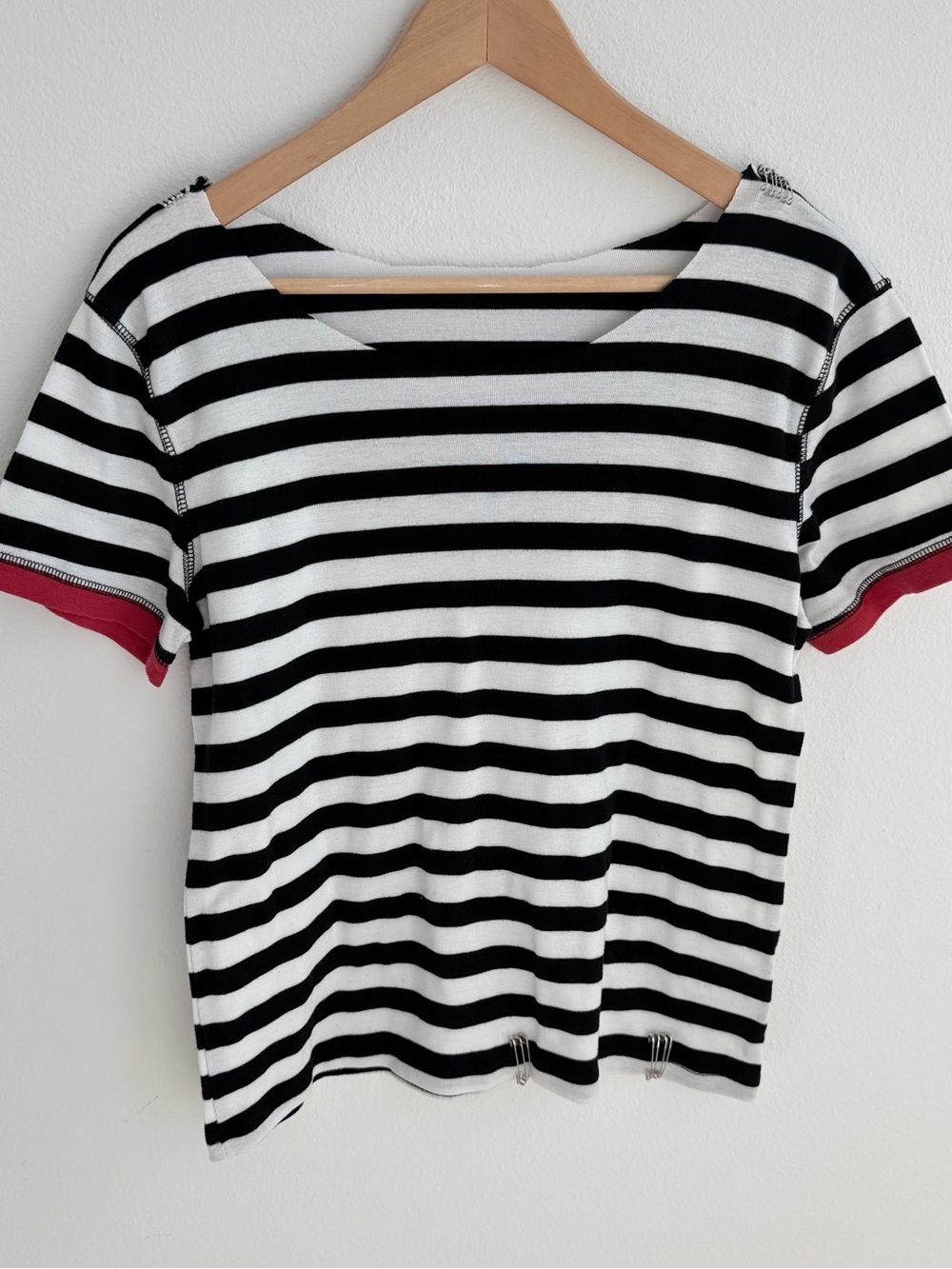 Punk Safety Pins Black & White Stripe Off the Shoulder T-shirt